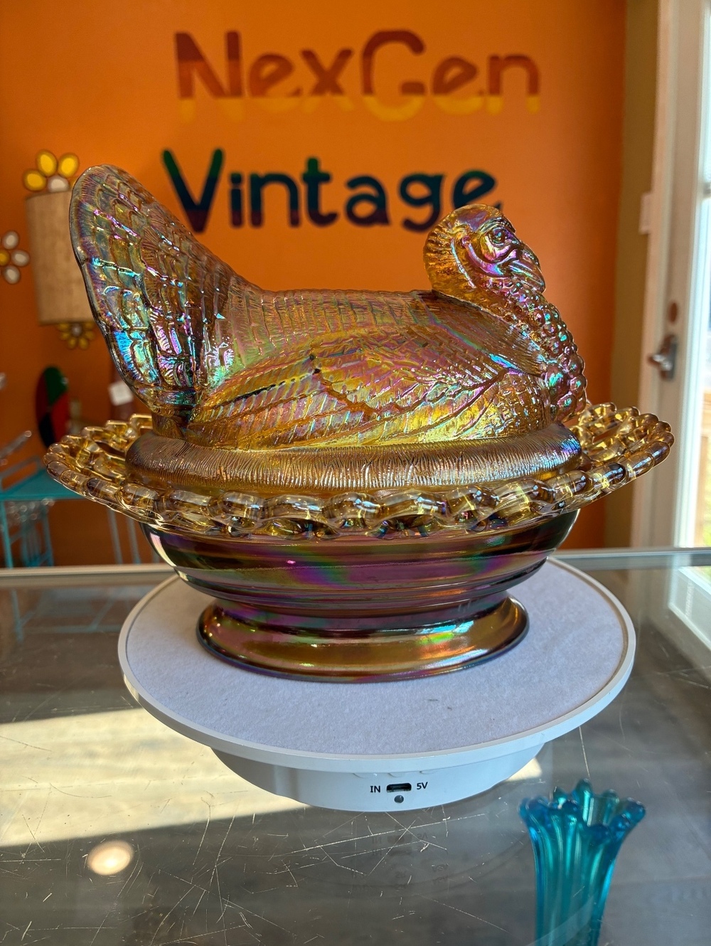 Mosser Marigold Carnival Glass Turkey on Nest Covered Dish Lace Edge